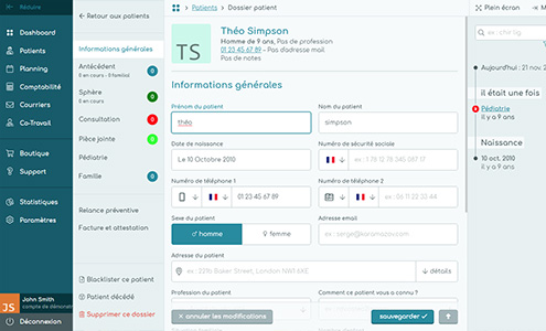 Page d’édition d’un patient